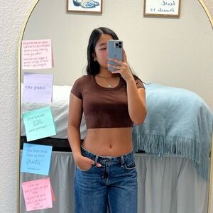 Brown Ribbed Square Neck Crop Top